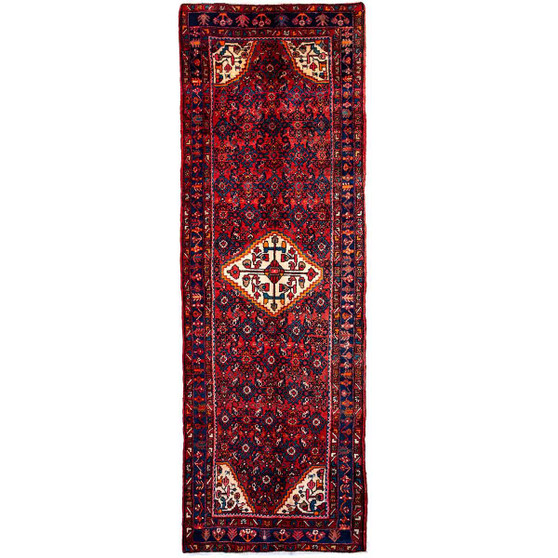 Nahavand Persian Rug 10x3 ft - Semi Antique Medallion Toranj, Herati Mahi Madder Red, Navy Blue, Ivory Hand Knotted | front view | SKU 112120