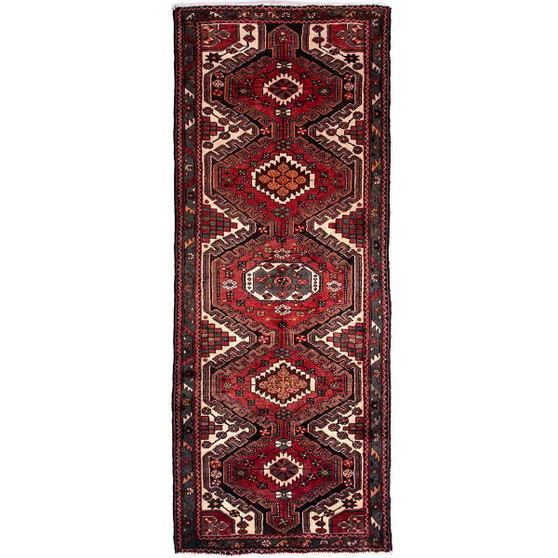 Saveh Persian Rug 9'7" x 3'8" - Semi Antique Medallion Red, Brown Hand Knotted | front view | SKU 112121
