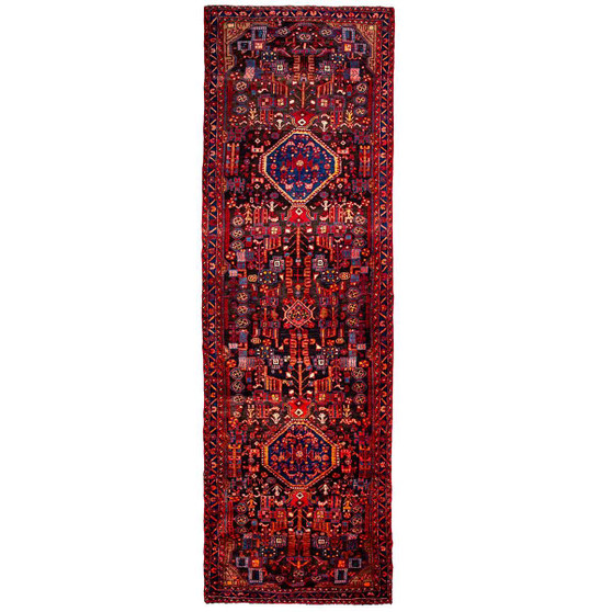 Nahavand Persian Rug 12x3 ft - Semi Antique Medallion (Toranj), Geometric Dark Red, Madder Red, Navy Blue Hand Knotted | front view | SKU 112125