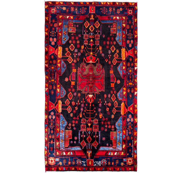 Nahavand Persian Rug 9'10" x 5'7" - Semi Antique Medallion Navy Blue, Red Hand Knotted | front view | SKU 112128