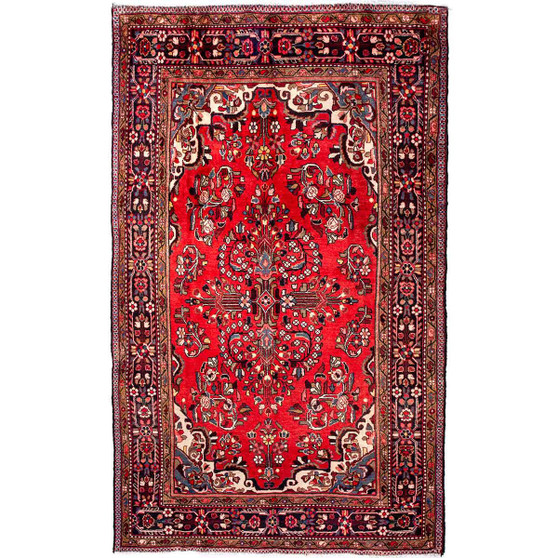 Borchelu Persian Rug 9x5 ft - Semi Antique Medallion (Toranj), Shah Abbasi Red, Burgundy, Navy Blue Hand Knotted | front view | SKU 112131