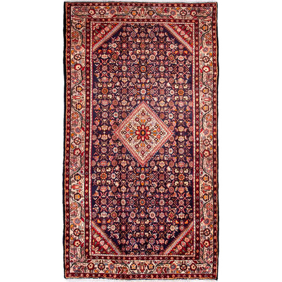Hamadan Persian Rug 10'2" x 5'3" - Semi Antique Afshan Red, Blue Hand Knotted | front view | SKU 112132