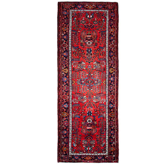 Hamadan Persian Rug 10x3 ft - Semi Antique Herati (Mahi), Afshan (All-Over) Madder Red, Navy Blue, Cream Hand Knotted | front view | SKU 112133
