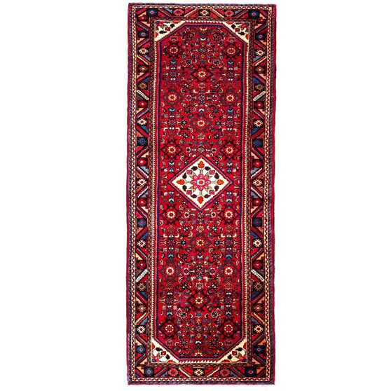 Tuyserkan Persian Rug 10x3 ft - Semi Antique Medallion (Toranj), Geometric Madder Red, Navy Blue, Ivory Hand Knotted | front view | SKU 112134