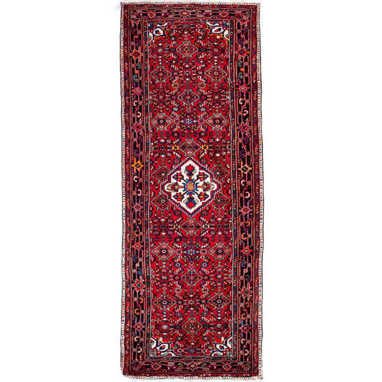 Hosseinabad Persian Rug 10'4" x 3'9" - Semi Antique Medallion Crimson, Ivory Hand Knotted | front view | SKU 112135