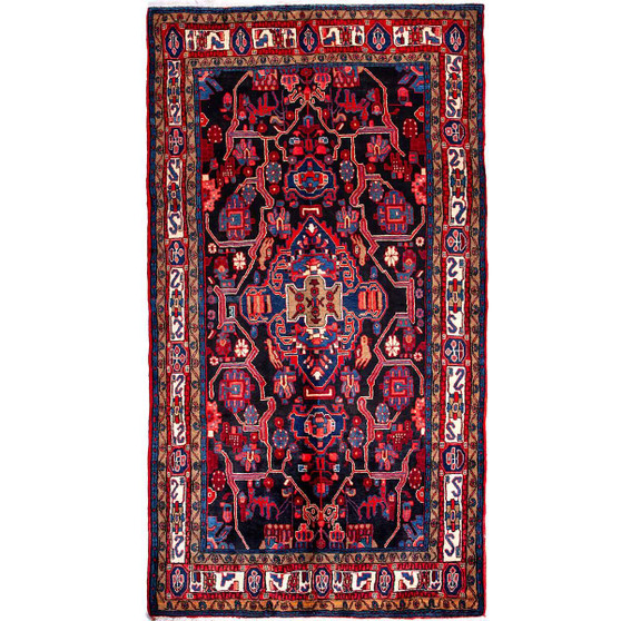 Nahavand Persian Rug 10x5 ft - Semi Antique Medallion (Toranj), Herati (Mahi) Navy Blue, Madder Red, Crimson Hand Knotted | front view | SKU 112136