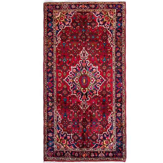 Bijar Persian Rug 9'10" x 4'8" - Semi Antique Medallion Crimson, Navy Blue Hand Knotted | front view | SKU 112139