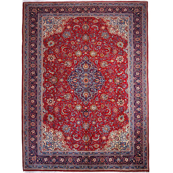 Sarouk Persian Rug 11'7" x 8'2" - Semi Antique Medallion Red, Blue Hand Knotted | front view | SKU 112141