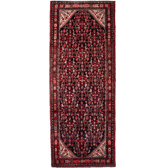 Hamadan Persian Rug 9x3 ft - Semi Antique Afshan Red, Blue Hand Knotted | front view | SKU 112143