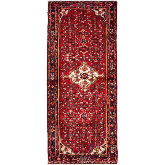 Hamadan Persian Rug 10'0" x 3'9" - Semi Antique Afshan Red, Blue Hand Knotted | front view | SKU 112144