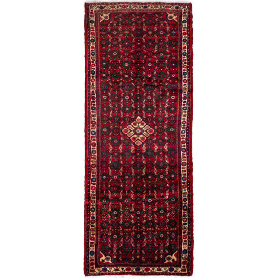 Hosseinabad Persian Rug 9'12" x 3'6" - Semi Antique Medallion Crimson, Ivory Hand Knotted | front view | SKU 112146