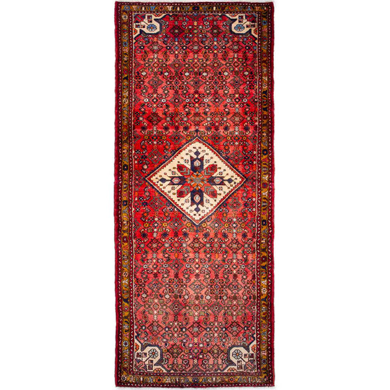Hamadan Persian Rug 9'8" x 3'8" - Semi Antique Afshan Red, Blue Hand Knotted | front view | SKU 112148