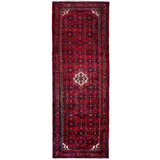 Shiraz Persian Rug 11'2" x 3'11" - Semi Antique Geometric Blue, Red Hand Knotted | front view | SKU 112151