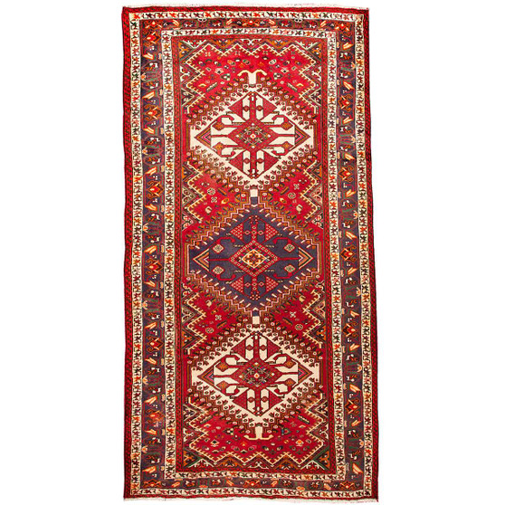 Shiraz Persian Rug 10'2" x 5'1" - Semi Antique Medallion Geometric Madder Red, Cream, Navy Blue Hand Knotted | front view | SKU 110022