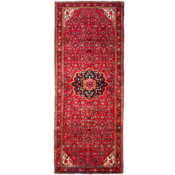 Hosseinabad Persian Rug 10x3 ft - Semi Antique Medallion Toranj, Herati Mahi Crimson, Ivory, Navy Blue Hand Knotted | front view | SKU 112152