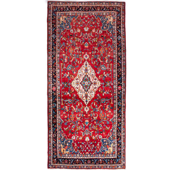 Hamadan Persian Rug 9'6" x 4'0" - Semi Antique Afshan Red, Blue Hand Knotted | front view | SKU 112153