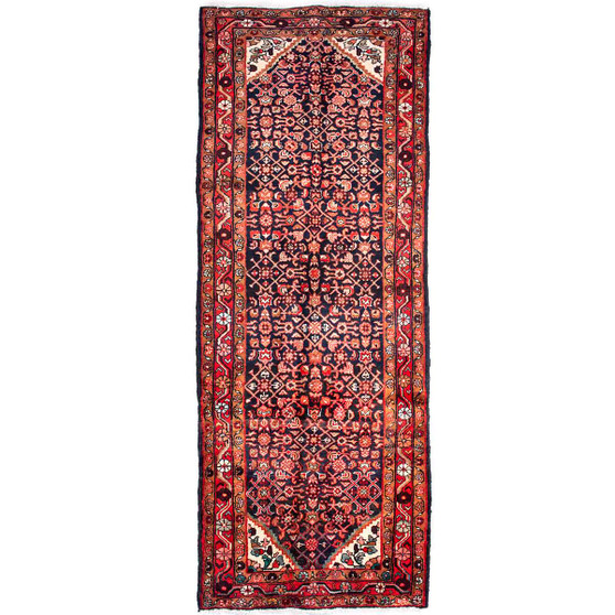 Hamadan Persian Rug 9'8" x 3'7" - Semi Antique Afshan Red, Blue Hand Knotted | front view | SKU 112155