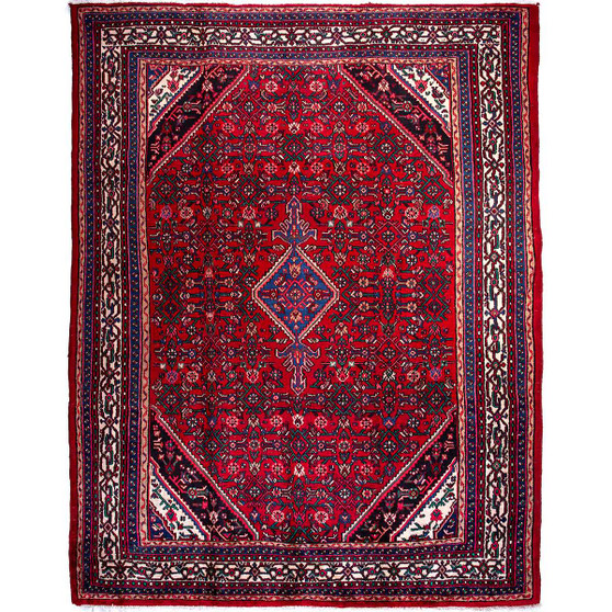 Hamadan Persian Rug 11x8 ft - Semi Antique Medallion Toranj, Herati Mahi Madder Red, Cream, Navy Blue Hand Knotted | front view | SKU 112161