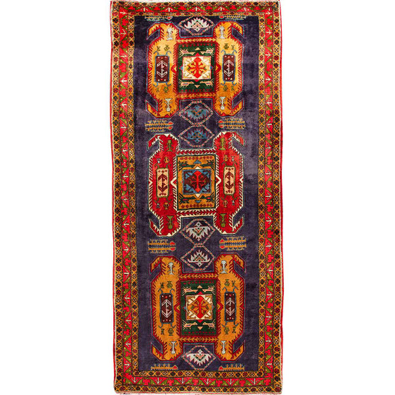Meshkin Persian Rug 10x4 ft - Semi Antique Geometric Crimson, Green Hand Knotted | front view | SKU 110024