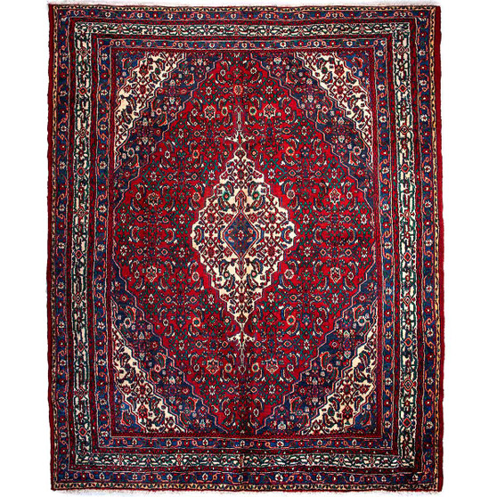 Mehraban Persian Rug 11x9 ft - Semi Antique Medallion Toranj, Herati Mahi Madder Red, Navy Blue, Ivory Hand Knotted | front view | SKU 112163