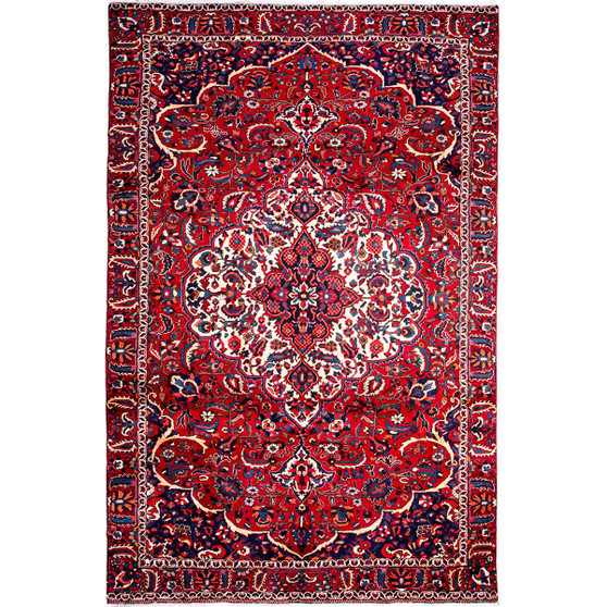 Bakhtiari Persian Rug 10'8" x 6'4" - Semi Antique Medallion Blue, Crimson Hand Knotted | front view | SKU 112164