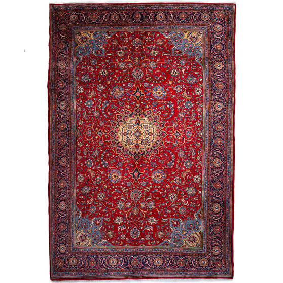 Sarouk Persian Rug 11'12" x 8'2" - Semi Antique Medallion Red, Blue Hand Knotted | front view | SKU 112166