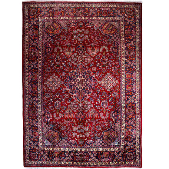 Najafabad Persian Rug 13'1" x 9'6" - Semi Antique Medallion Red, Beige Hand Knotted | front view | SKU 112167
