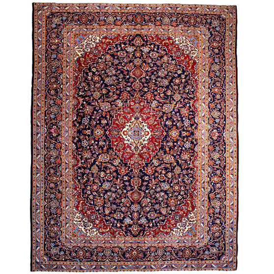 Kashan Persian Rug 10x8 ft - Semi Antique Medallion (Toranj), Shah Abbasi Navy Blue, Crimson, Cream Hand Knotted | front view | SKU 112168