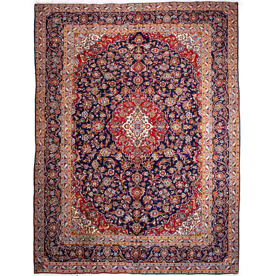 Kashan Persian Rug 11'6" x 8'2" - Semi Antique Medallion Crimson, Navy Blue Hand Knotted | front view | SKU 112169