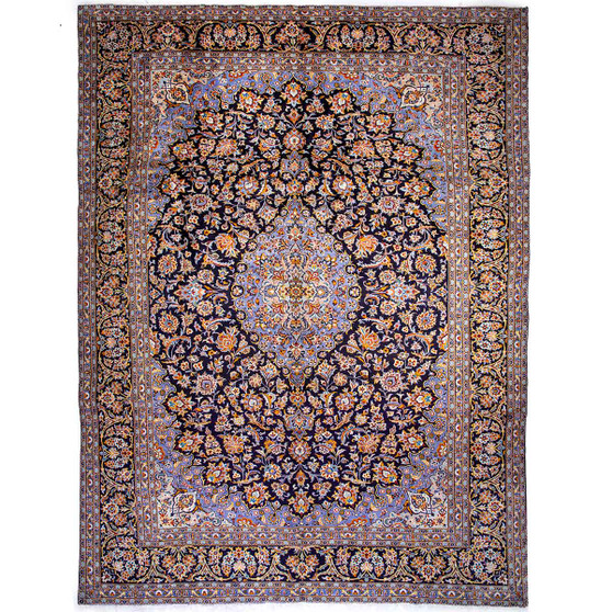 Kashan Persian Rug 13'5" x 9'9" - Semi Antique Medallion Crimson, Navy Blue Hand Knotted | front view | SKU 112172
