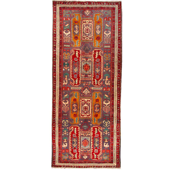 Meshkin Persian Rug 10x4 ft - Semi Antique Kheshti (Garden), Geometric Madder Red, Cream, Navy Blue Hand Knotted | front view | SKU 110025