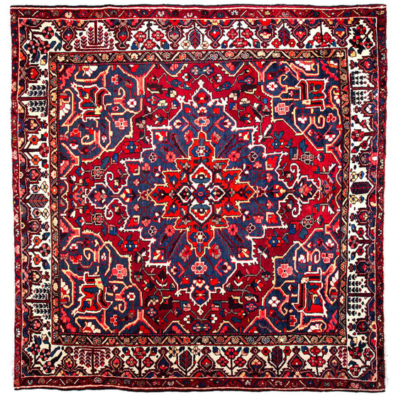 Bakhtiari Persian Rug 9x8 ft - Semi Antique Medallion (Toranj), Herati (Mahi) Madder Red, Navy Blue, Cream Hand Knotted | front view | SKU 112173