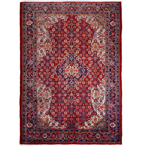 Sarouk Persian Rug 10'5" x 7'3" - Semi Antique Medallion Red, Blue Hand Knotted | front view | SKU 112174