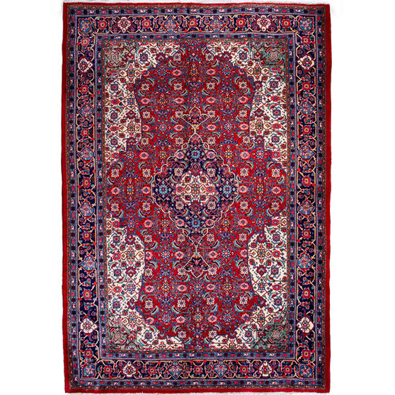 Mahal Persian Rug 10x6 ft - Semi Antique Medallion Ivory, Pink Hand Knotted | front view | SKU 112175