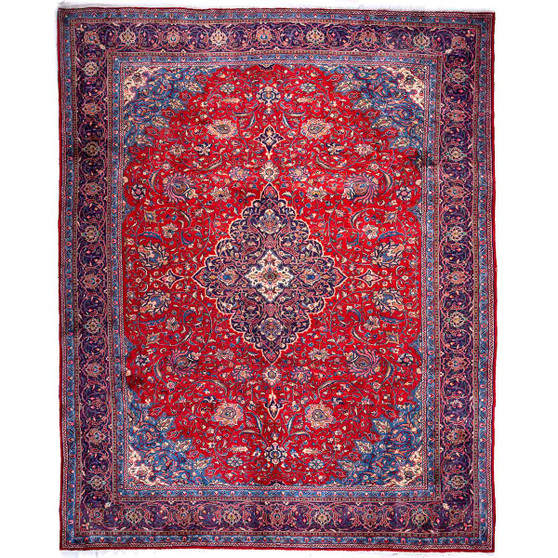 Sarouk Persian Rug 12'8" x 9'8" - Semi Antique Medallion Red, Blue Hand Knotted | front view | SKU 112177