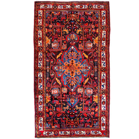 Nahavand Persian Rug 10x5 ft - Semi Antique Medallion Toranj Herati Mahi Dark Red Madder Red Navy Blue Hand Knotted | front view | SKU 112179