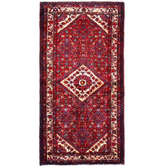 Hosseinabad Persian Rug 6'11" x 3'7" - Semi Antique Medallion Crimson, Ivory Hand Knotted | front view | SKU 112182