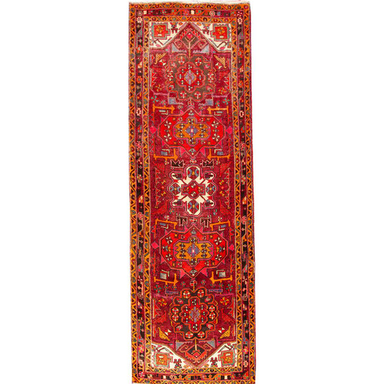 Ahar Persian Rug 10x3 ft - 25-40 Years Medallion (Toranj), Geometric Red, Madder Red, Burgundy Hand Knotted | front view | SKU 110026