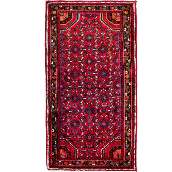 Hosseinabad Persian Rug 7'1" x 3'9" - Semi Antique Medallion Crimson, Ivory Hand Knotted | front view | SKU 112183