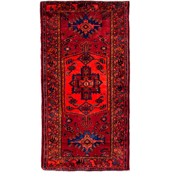 Zanjan Persian Rug 6x3 ft - Semi Antique Medallion (Toranj), Geometric Madder Red, Crimson, Navy Blue Hand Knotted | front view | SKU 112185