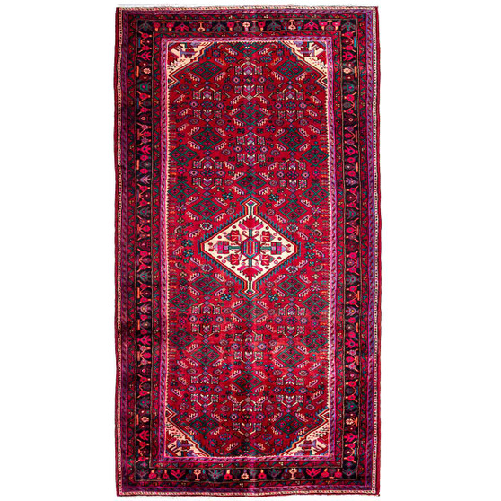 Hosseinabad Persian Rug 9'10" x 5'3" - Semi Antique Medallion Crimson, Ivory Hand Knotted | front view | SKU 112189
