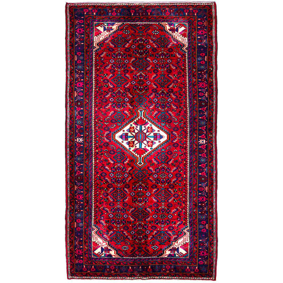 Malayer Persian Rug 9x5 ft - Semi Antique Medallion (Toranj), Geometric Madder Red, Navy Blue, Burgundy Hand Knotted | front view | SKU 112190