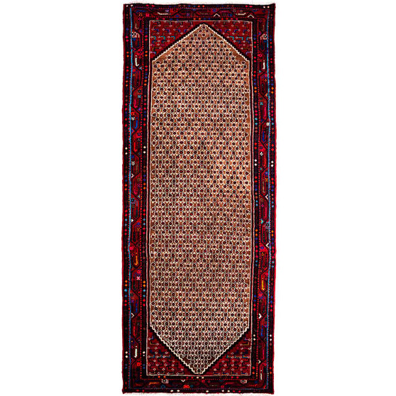 Songhor Persian Rug 10x3 ft - Semi Antique Herati (Mahi), Geometric Cream, Madder Red, Navy Blue Hand Knotted | front view | SKU 112191