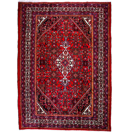 Songhor Persian Rug 9x3 ft - Semi Antique Medallion Toranj, Herati Mahi Madder Red, Burgundy, Navy Blue Hand Knotted | front view | SKU 112192