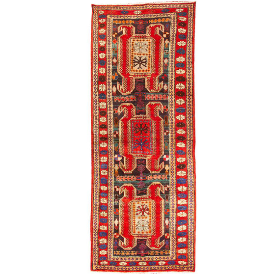 Meshkin Persian Rug 10'8" x 3'10" - Semi Antique Medallion Geometric Madder Red, Crimson, Navy Blue Hand Knotted | front view | SKU 110027