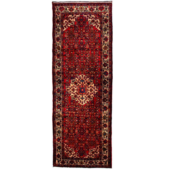 Hamadan Persian Rug 10x3 ft - Semi Antique Medallion (Toranj), Herati (Mahi) Madder Red, Cream, Navy Blue Hand Knotted | front view | SKU 112196