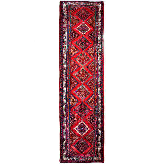 Hamadan Persian Rug 13x3 ft - Semi Antique Afshan Red, Blue Hand Knotted | front view | SKU 112197