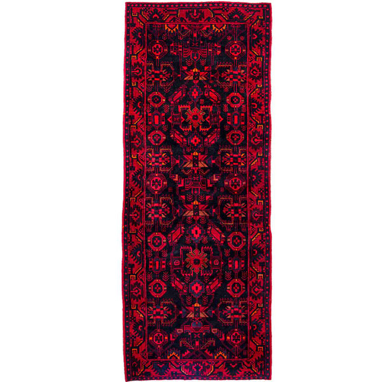 Borujerd Persian Rug 9x3 ft - Semi Antique Geometric Crimson, Navy Blue Hand Knotted | front view | SKU 112198