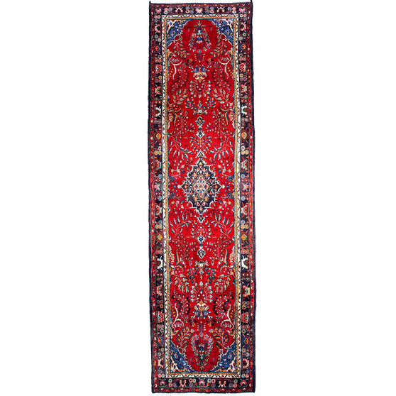 Hamadan Persian Rug 13'7" x 3'5" - Semi Antique Afshan Red, Blue Hand Knotted | front view | SKU 112199