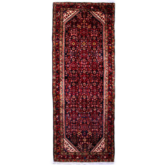 Hamadan Persian Rug 10'4" x 3'9" - Semi Antique Afshan Red, Blue Hand Knotted | front view | SKU 112200